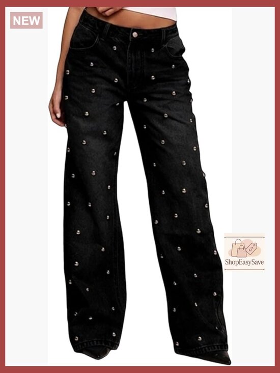 Denim - High Waisted Wide Leg Jeans Y2K Retro Sparkly Studded Embellished Pants Glitter